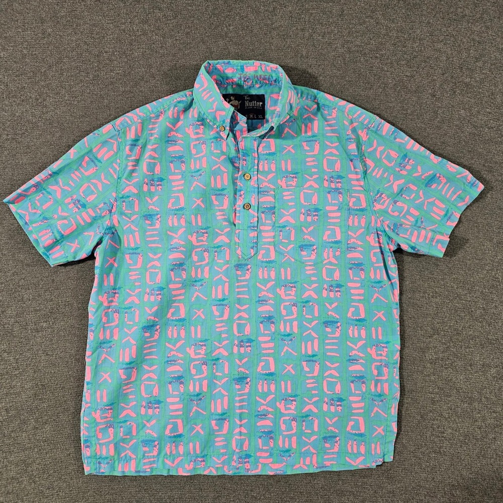 The Nutter Mens Popover Shirt Medium Teal Pink Abstract Geometric Print USA Made